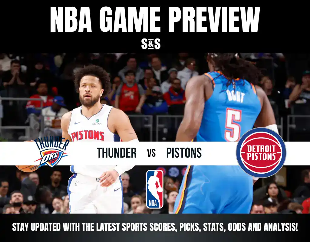 NBA Game Preview featuring the teams Thunder vs Pistons, with a graphic providing updates on sports scores, picks, stats, odds, and analysis.