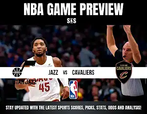 NBA Game Preview featuring the Utah Jazz and Cleveland Cavaliers, with an image of a player from the Jazz and an official.
