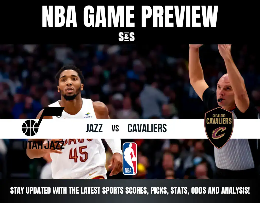 NBA Game Preview featuring the Utah Jazz and Cleveland Cavaliers, with an image of a player from the Jazz and an official.
