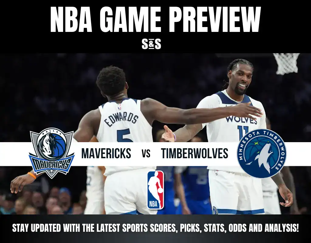 NBA game preview graphic featuring the logos of the Dallas Mavericks and Minnesota Timberwolves, with text promoting updates on sports scores, picks, stats, odds, and analysis.