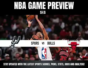 NBA Game Preview featuring Spurs vs. Bulls, with a graphic display of team logos and text encouraging updates on sports scores, picks, stats, odds, and analysis.