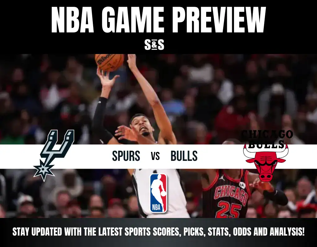 NBA Game Preview featuring Spurs vs. Bulls, with a graphic display of team logos and text encouraging updates on sports scores, picks, stats, odds, and analysis.