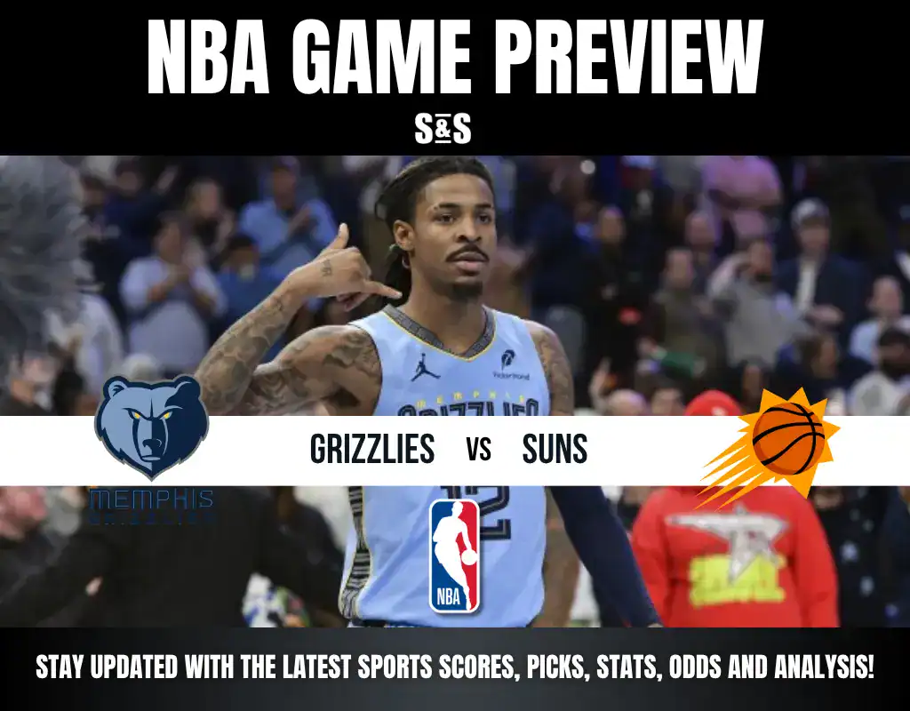 NBA game preview featuring the Memphis Grizzlies vs. Phoenix Suns, with a player from the Grizzlies in action and the NBA logo displayed.