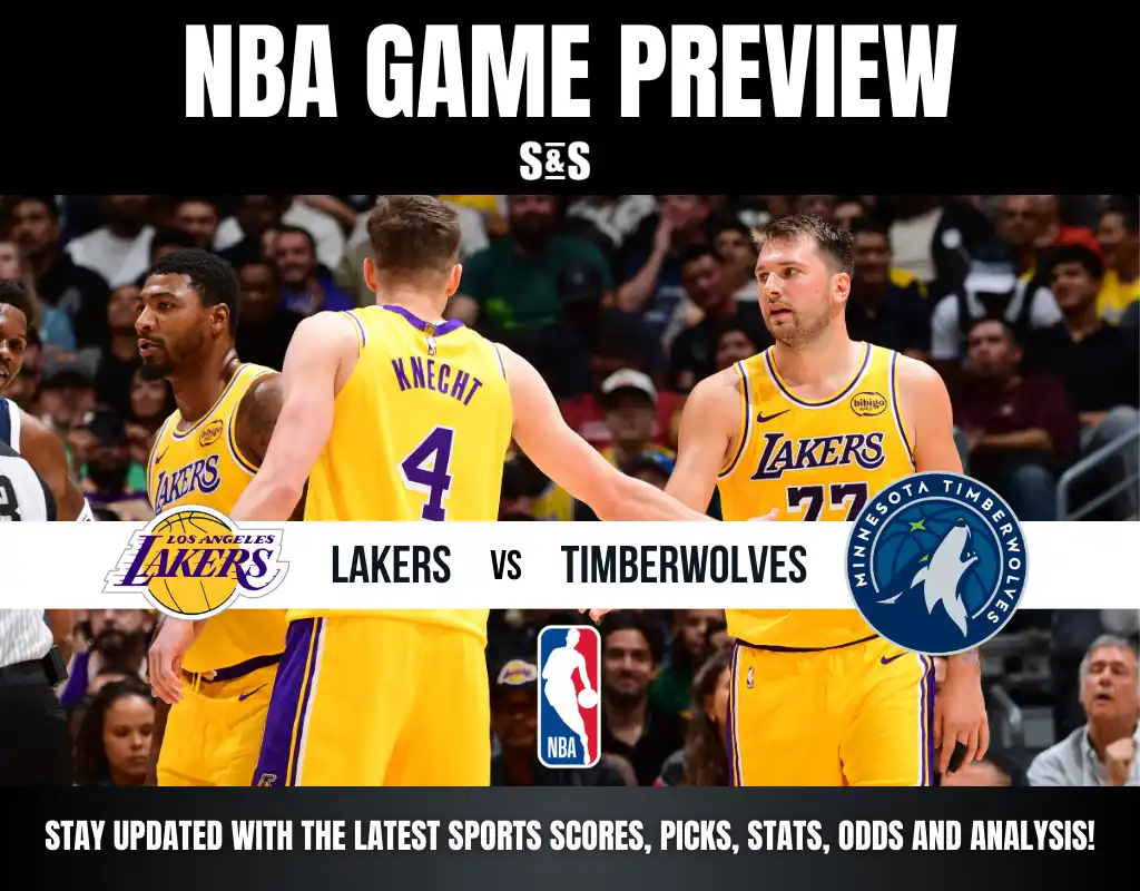 NBA Game Preview featuring the Los Angeles Lakers vs. Minnesota Timberwolves, highlighting key players in action.