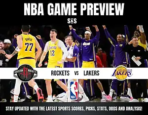 NBA game preview for the Houston Rockets vs Los Angeles Lakers with players and team logos on a basketball court.