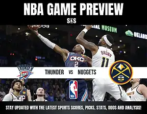 "NBA game preview featuring Thunder vs. Nuggets. Players from both teams contest a shot under a basketball hoop. Logos of both teams and NBA displayed."