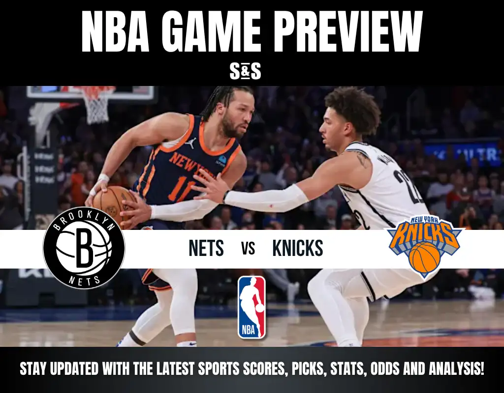 NBA game preview featuring Brooklyn Nets vs New York Knicks with players in action on the court and team logos displayed.
