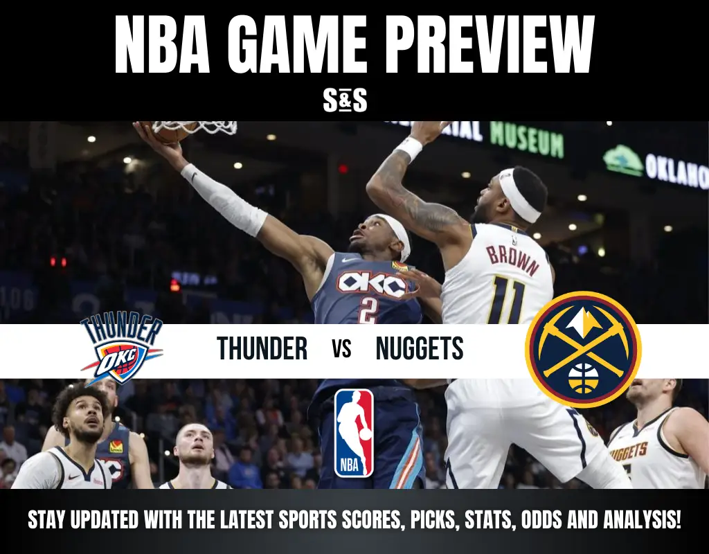 "NBA game preview featuring Thunder vs. Nuggets. Players from both teams contest a shot under a basketball hoop. Logos of both teams and NBA displayed."