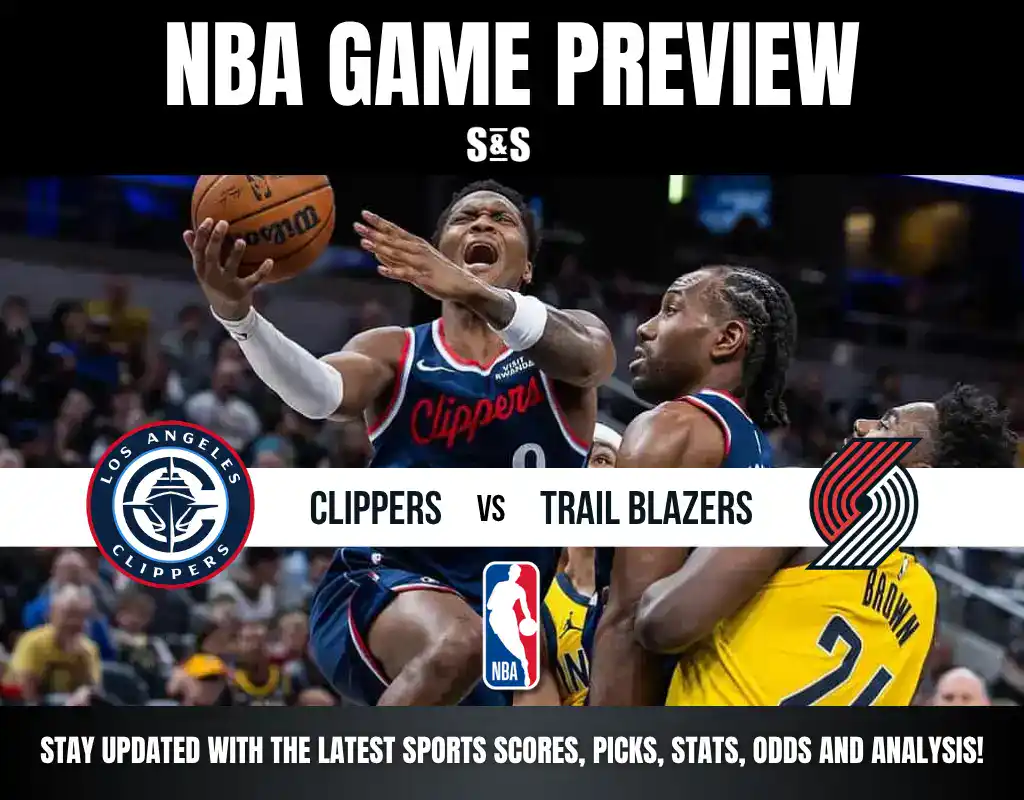 NBA game preview featuring the Los Angeles Clippers vs. Portland Trail Blazers, with imagery and promotional text for staying updated on sports scores, picks, stats, odds, and analysis.