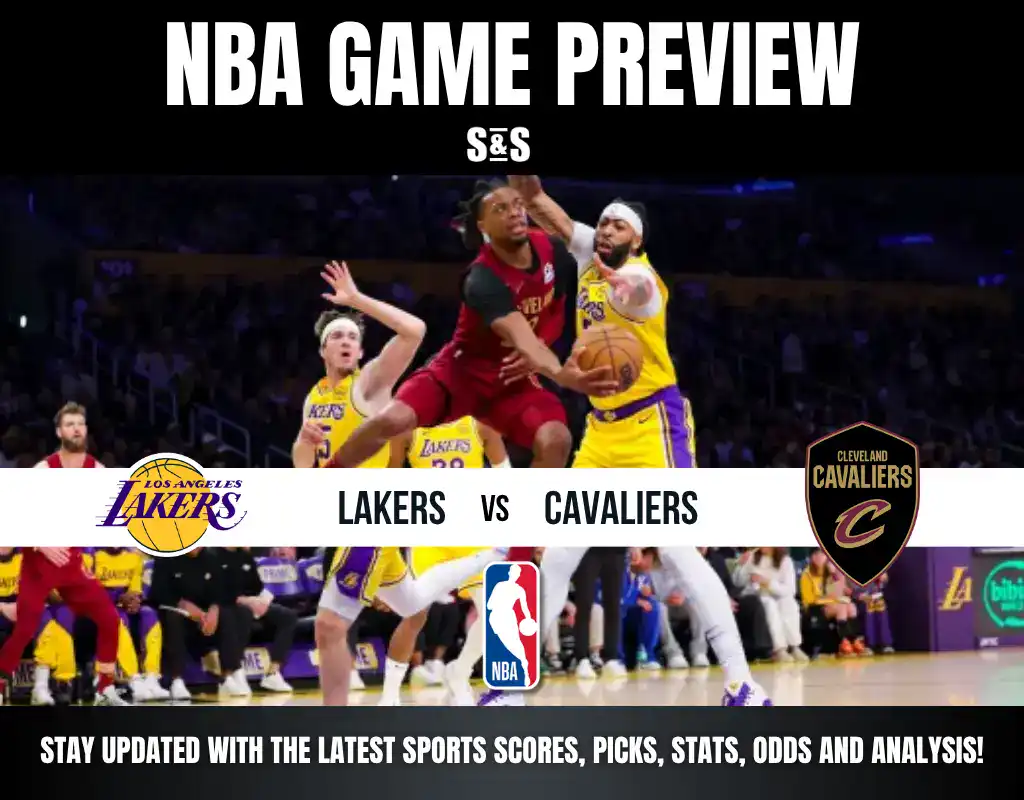 NBA game preview featuring the Los Angeles Lakers against the Cleveland Cavaliers. The image shows players from both teams in action on the court.