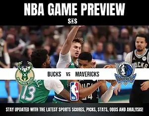 NBA Game Preview featuring Milwaukee Bucks vs. Dallas Mavericks, with a visual of players from both teams and details to stay updated on sports scores, picks, stats, odds, and analysis.