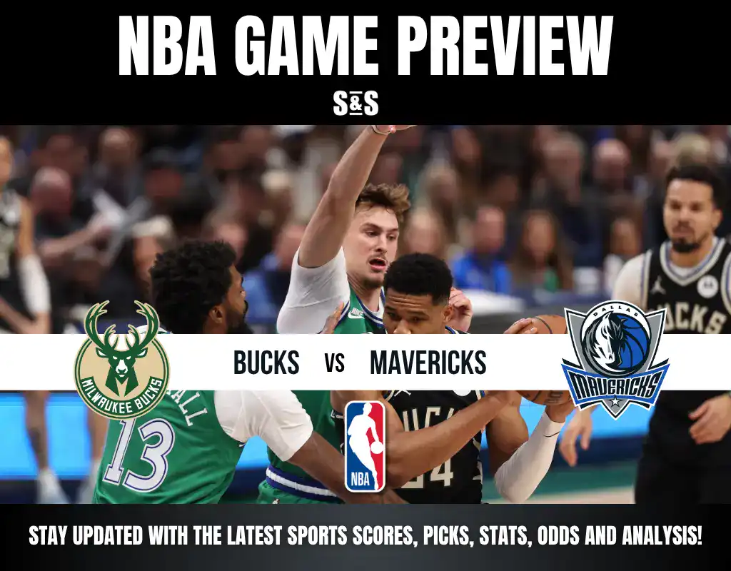 NBA Game Preview featuring Milwaukee Bucks vs. Dallas Mavericks, with a visual of players from both teams and details to stay updated on sports scores, picks, stats, odds, and analysis.