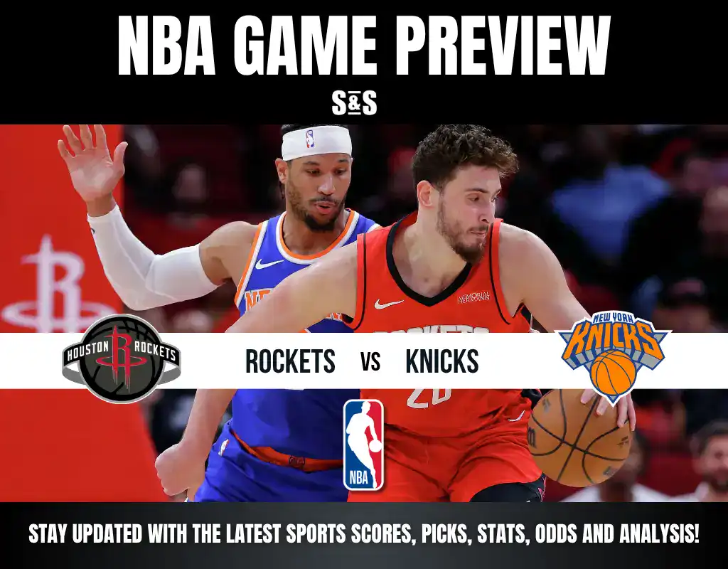 NBA Game Preview featuring the Houston Rockets vs. New York Knicks, highlighting team logos and details for updates on sports scores, picks, stats, odds, and analysis.