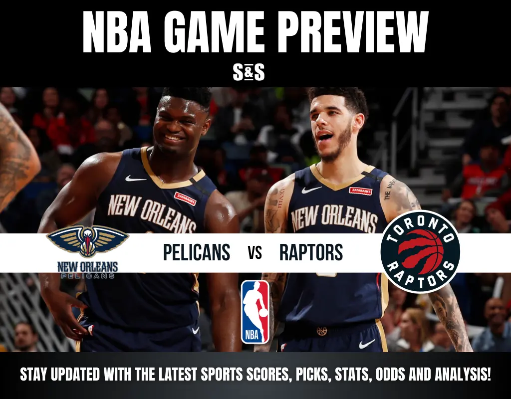 NBA game preview featuring the Pelicans vs. Raptors, with prominent team logos and promotional text for updates and analysis.