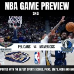 NBA game preview for a matchup between the New Orleans Pelicans and the Dallas Mavericks, with logos of both teams featured.