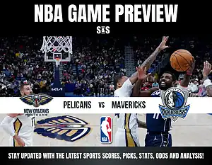 NBA game preview for a matchup between the New Orleans Pelicans and the Dallas Mavericks, with logos of both teams featured.