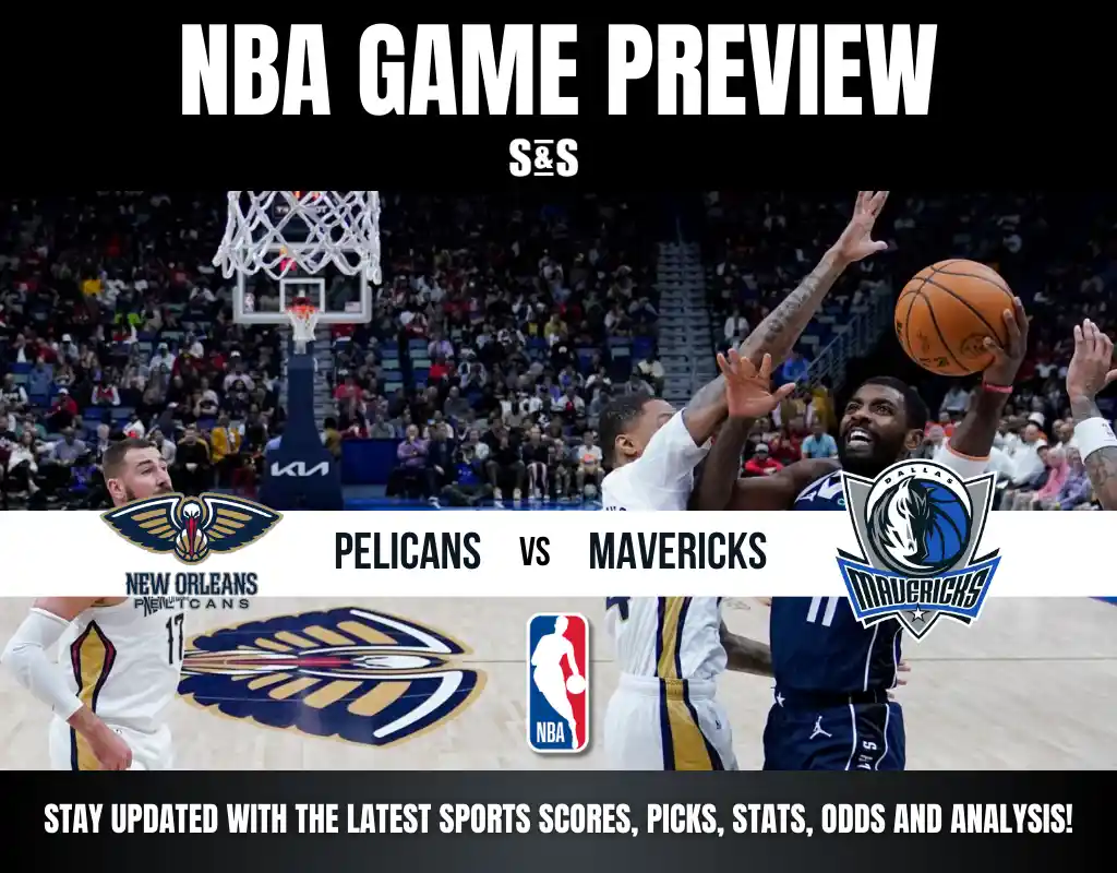 NBA game preview for a matchup between the New Orleans Pelicans and the Dallas Mavericks, with logos of both teams featured.