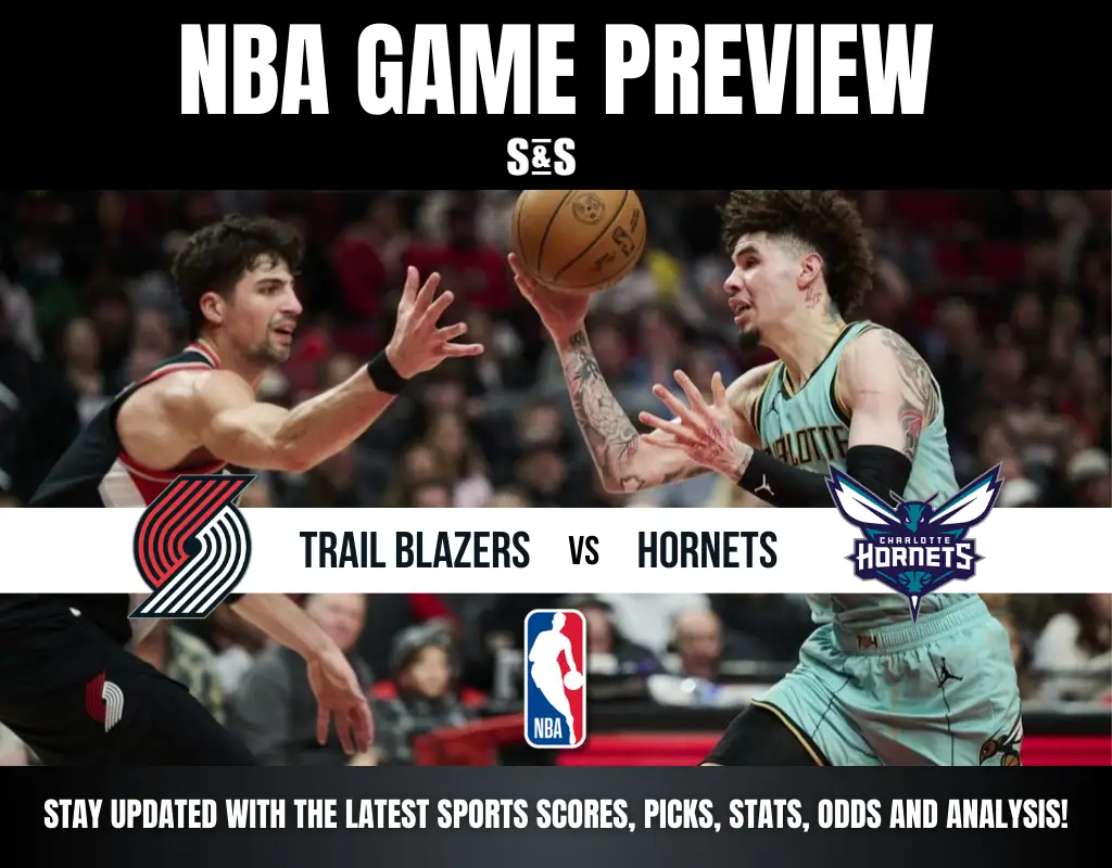 NBA game preview graphic featuring the Trail Blazers vs. Hornets, highlighting key match details and sports updates.