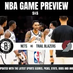 NBA game preview featuring the Brooklyn Nets vs. Trail Blazers, with a crowd of players celebrating and text promoting updates on scores, picks, stats, odds, and analysis.