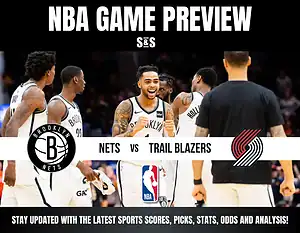 NBA game preview featuring the Brooklyn Nets vs. Trail Blazers, with a crowd of players celebrating and text promoting updates on scores, picks, stats, odds, and analysis.
