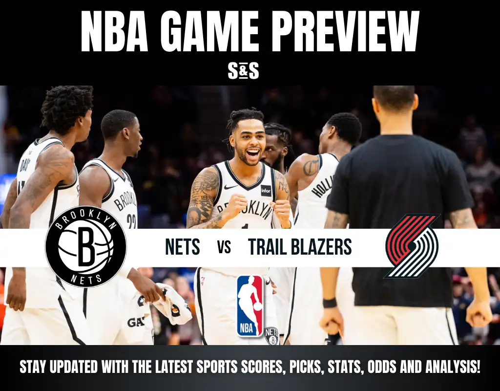 NBA game preview featuring the Brooklyn Nets vs. Trail Blazers, with a crowd of players celebrating and text promoting updates on scores, picks, stats, odds, and analysis.