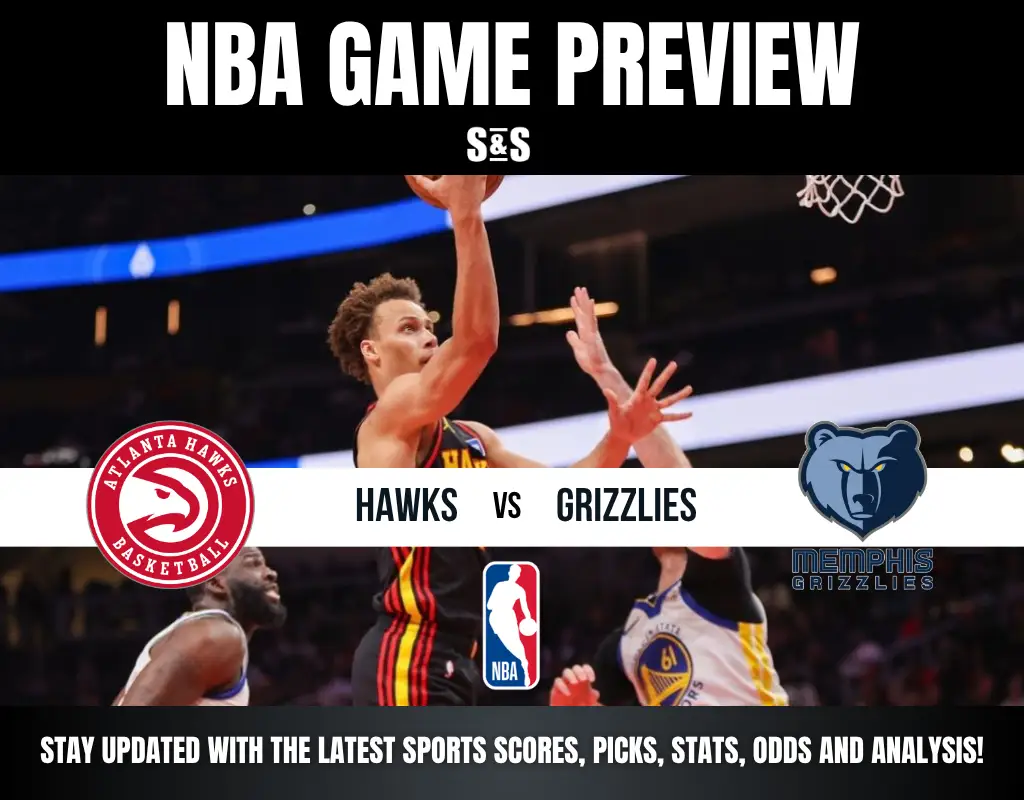 NBA game preview featuring the Atlanta Hawks vs. Memphis Grizzlies with logos and players mid-action on a basketball court.