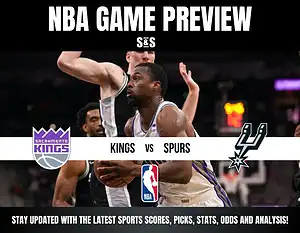 NBA game preview graphic showing Sacramento Kings vs San Antonio Spurs with logos and action basketball background.