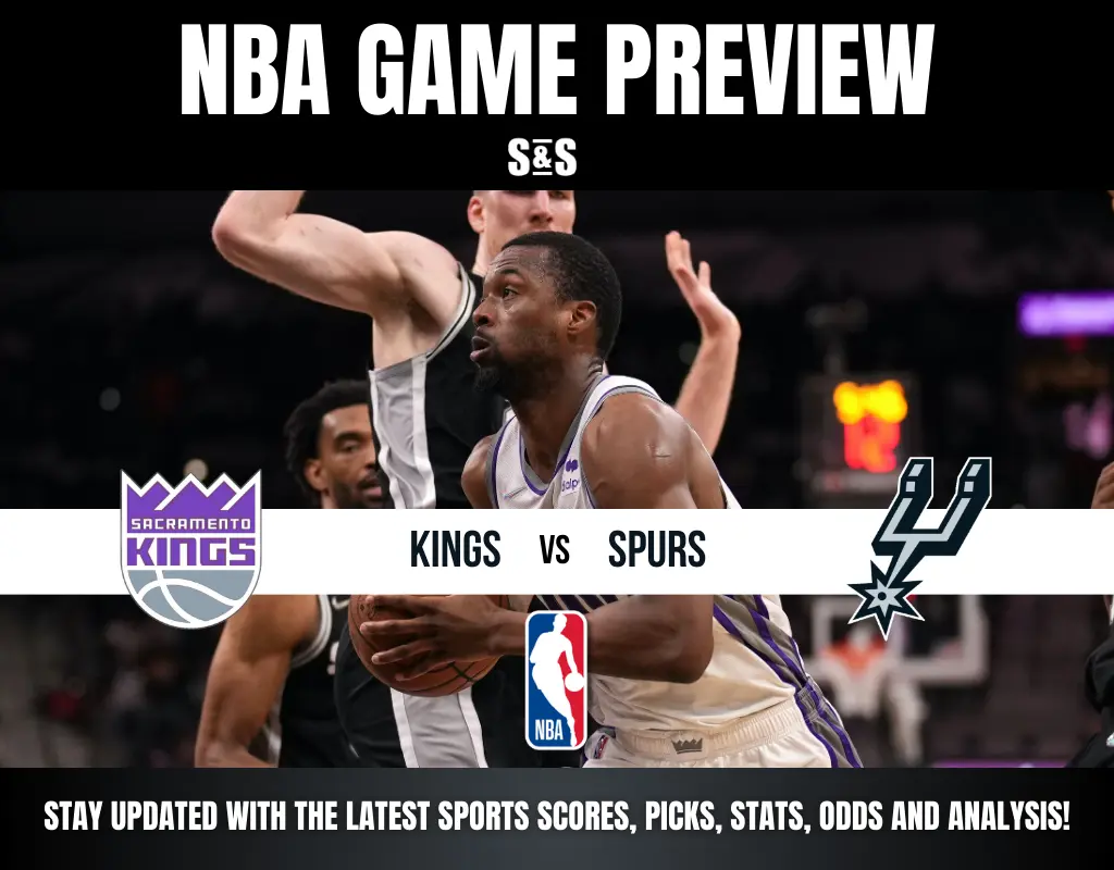 NBA game preview graphic showing Sacramento Kings vs San Antonio Spurs with logos and action basketball background.