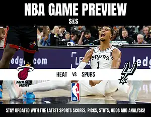 NBA game preview showing Miami Heat vs San Antonio Spurs with players in action on the court and team logos.