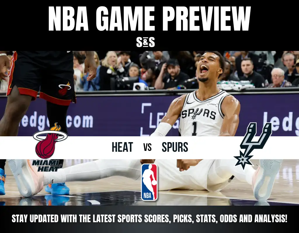 NBA game preview showing Miami Heat vs San Antonio Spurs with players in action on the court and team logos.