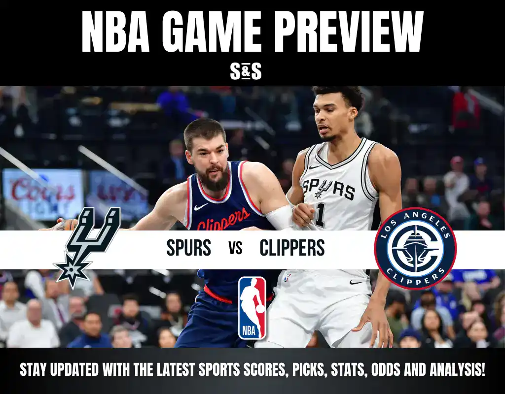 NBA game preview featuring the Spurs vs. Clippers, with players from each team in action and team logos displayed.