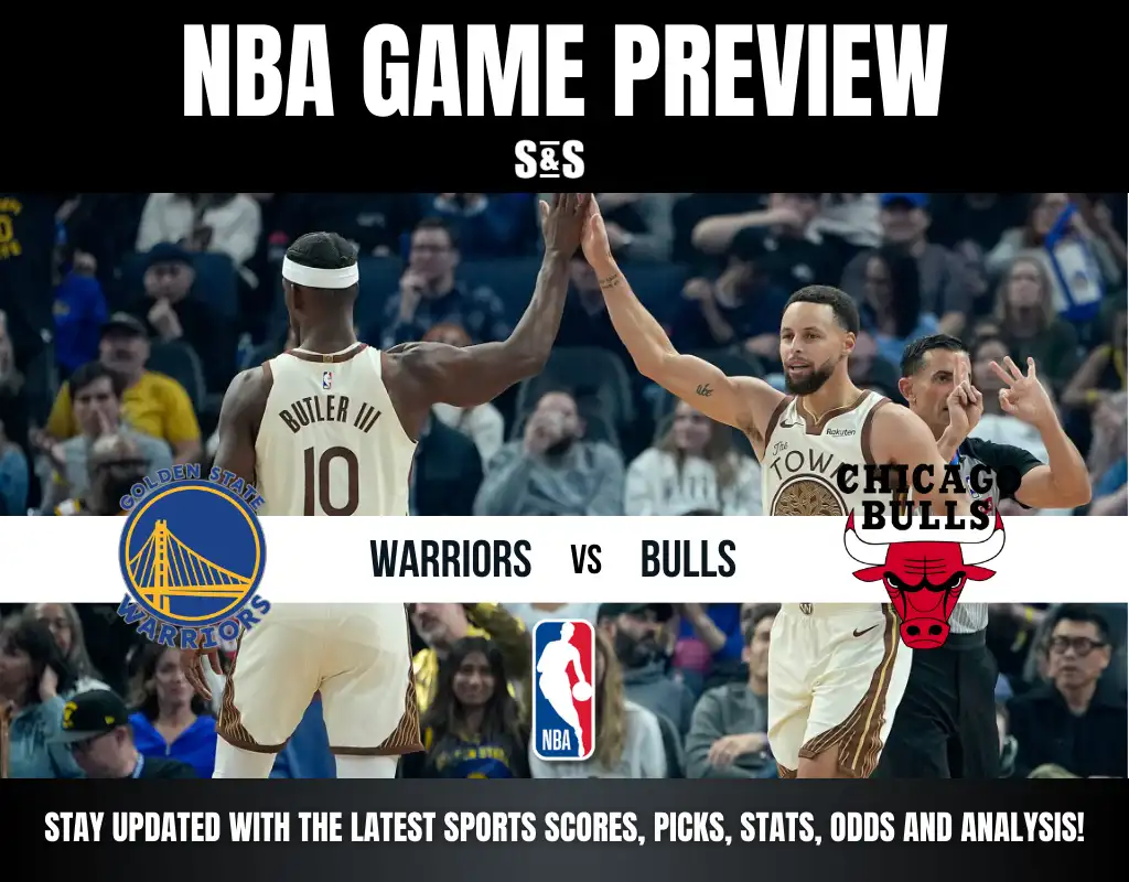 NBA Game Preview: Golden State Warriors vs. Chicago Bulls, featuring players celebrating in an arena with a fan crowd.