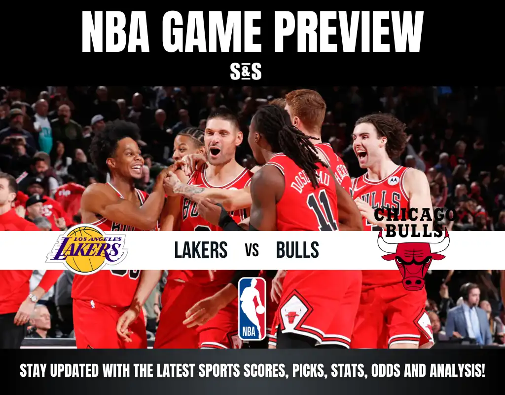 Alt text: "NBA Game Preview poster featuring Los Angeles Lakers vs. Chicago Bulls. Bulls players celebrate mid-game, conveying excitement and team spirit."