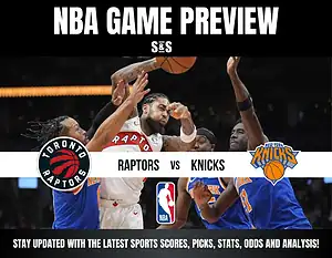 NBA game preview featuring the Toronto Raptors facing off against the New York Knicks, highlighting action on the court.