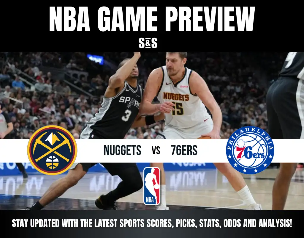 NBA game preview showing Denver Nuggets vs Philadelphia 76ers with players in action on the court and team logos.