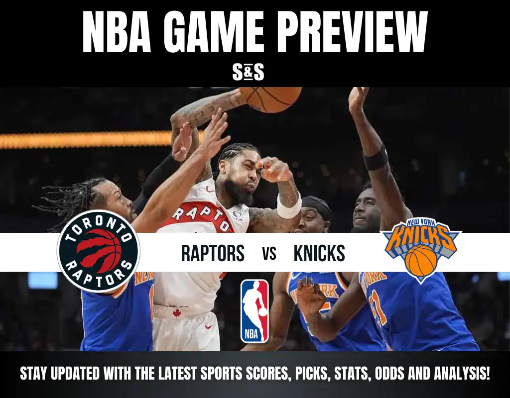 NBA game preview featuring the Toronto Raptors facing off against the New York Knicks, highlighting action on the court.