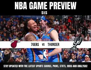 NBA game preview graphic showing logos of Miami Heat, 76ers, Thunder, and Spurs with players celebrating in the background.