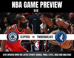 NBA game preview featuring the Los Angeles Clippers and Minnesota Timberwolves, showcasing players and team logos.