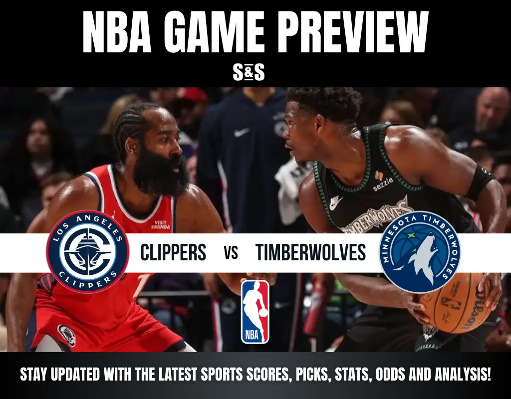 NBA game preview featuring the Los Angeles Clippers and Minnesota Timberwolves, showcasing players and team logos.