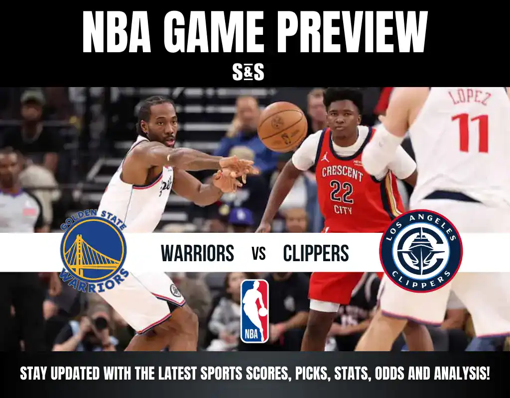 NBA game preview featuring the Golden State Warriors vs. Los Angeles Clippers, highlighting player action and team logos.