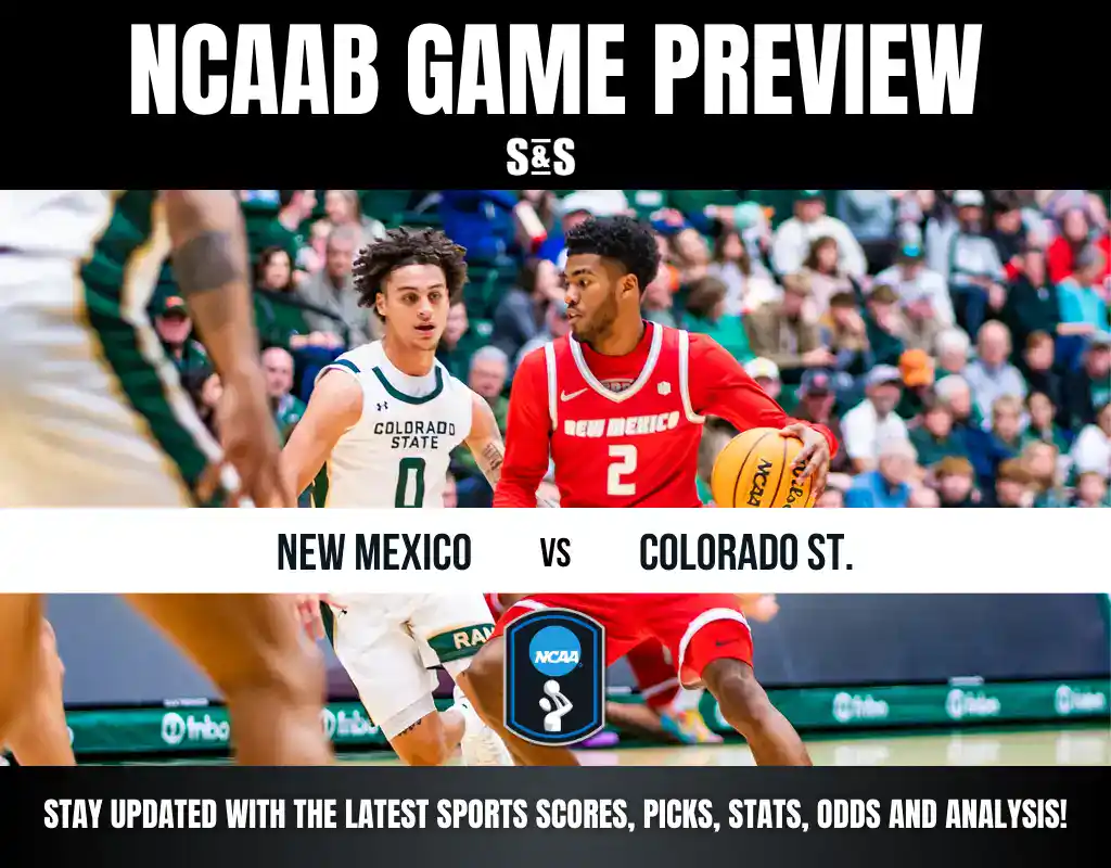 Two college basketball players in jerseys representing New Mexico and Colorado State face each other in an intense game preview.