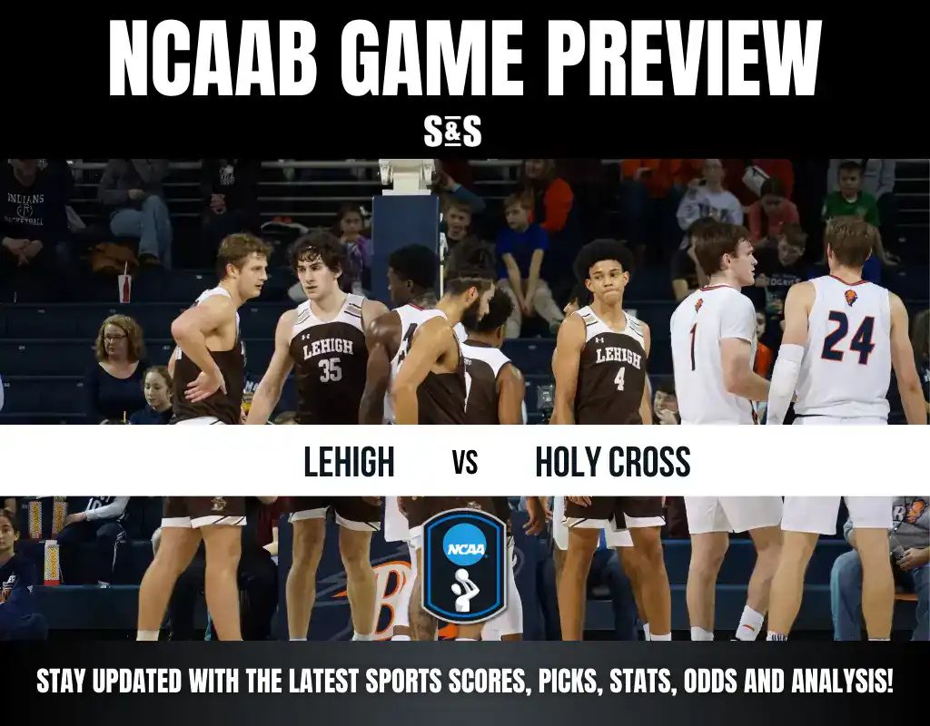 NCAA basketball game preview featuring Lehigh vs. Holy Cross, with players in team uniforms and spectators in the background.