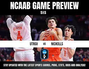NCAAB game preview featuring UTRGV vs. Nicholls, with players engaged in action and a clear focus on basketball competition.