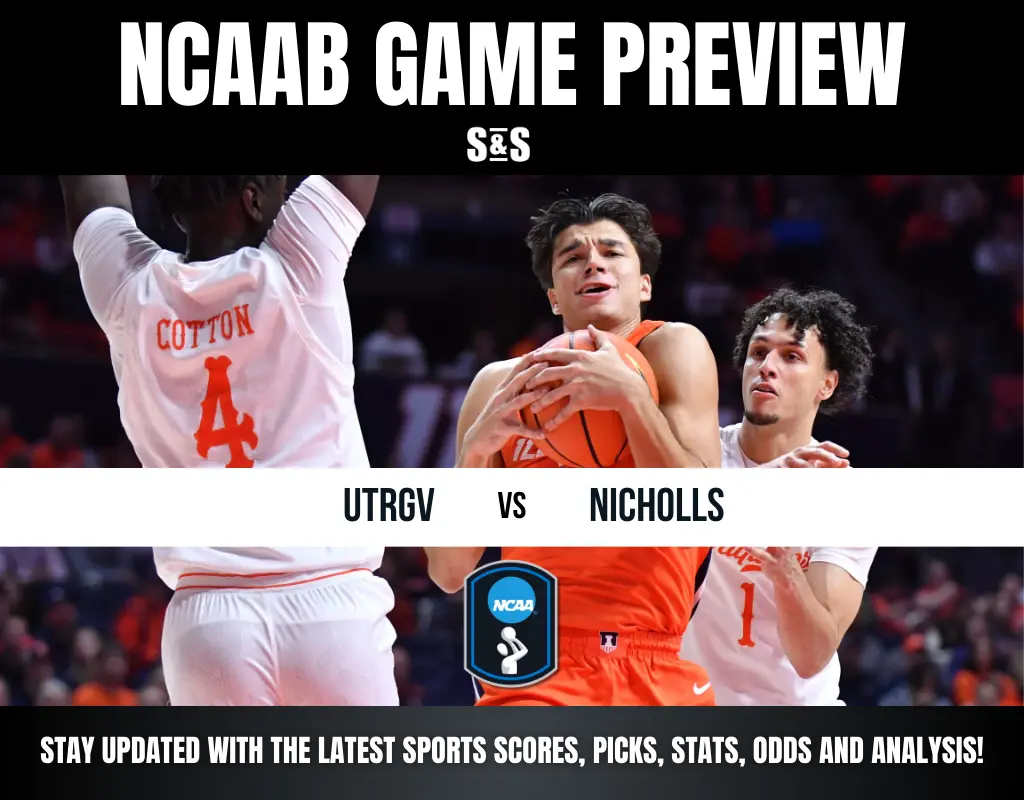 NCAAB game preview featuring UTRGV vs. Nicholls, with players engaged in action and a clear focus on basketball competition.