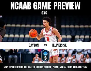 NCAAB Game Preview featuring Dayton vs Illinois St. with a basketball player from Dayton in action.