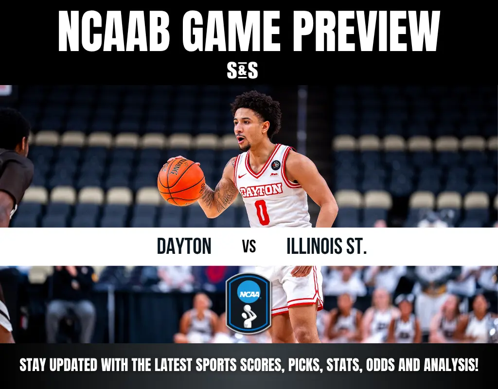 NCAAB Game Preview featuring Dayton vs Illinois St. with a basketball player from Dayton in action.