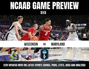 NCAA Basketball game preview between Wisconsin and Maryland. The image includes players in action and a banner for scores, picks, stats, odds, and analysis.