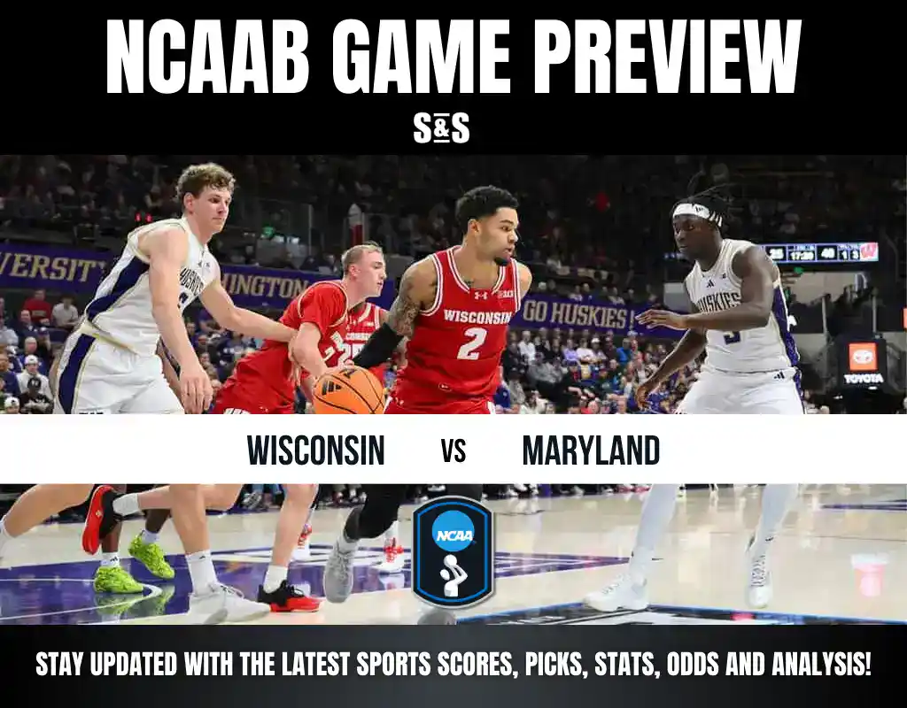 NCAA Basketball game preview between Wisconsin and Maryland. The image includes players in action and a banner for scores, picks, stats, odds, and analysis.