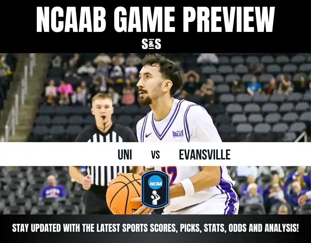 NCAAB GAME PREVIEW with text "UNI vs EVANSVILLE" and a basketball player in action, along with a note to stay updated with the latest sports scores, picks, stats, odds, and analysis.