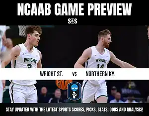 NCAAB game preview graphic featuring two Wright State basketball players. Text reads 'Wright St. vs Northern Ky.' with NCAA logo below.